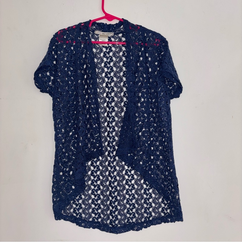 Self Esteem Navy Crochet Lace Cardigan Girls Medium Boho Sheer Layering